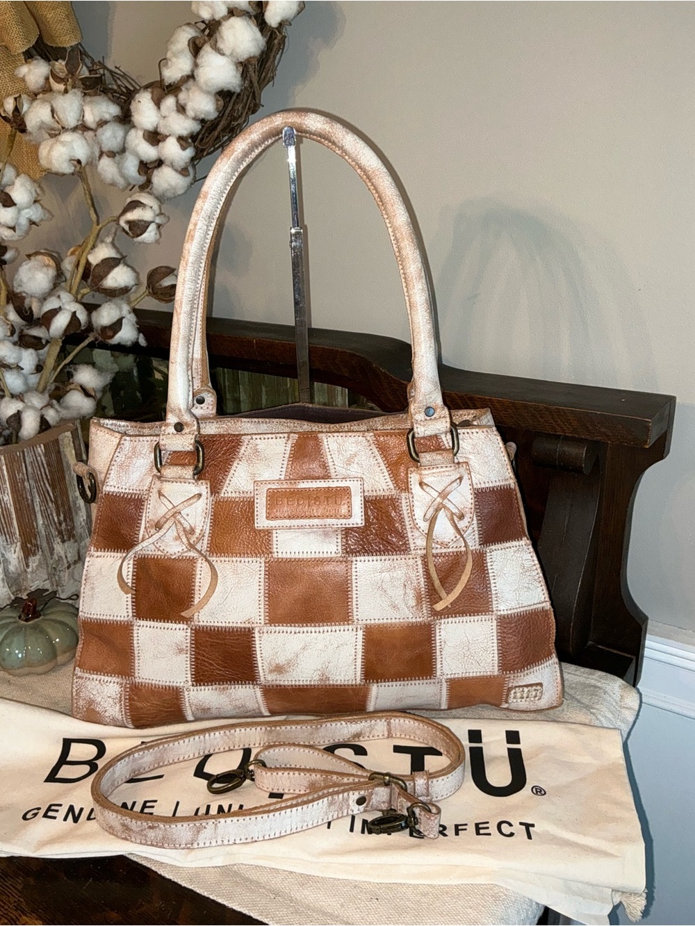 Bed Stu Rockababy SL Patchwork Satchel Crossbody Bag Tan Nectar Lux MSRP $335